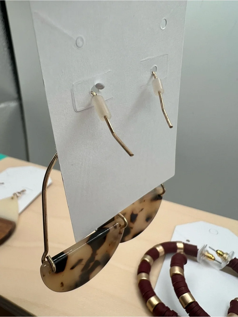 Lot of 4 Pairs Boho Statement Earrings Wood Leopard Tortoise Hoop Gold Tone